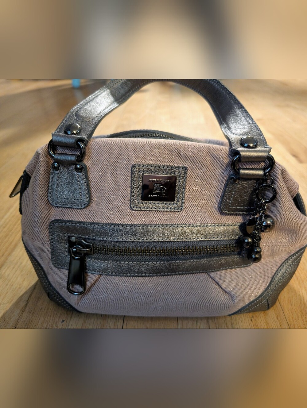 Authentic Burberry Blue Label Pink Canvas Satchel with Sliver Leather Handle